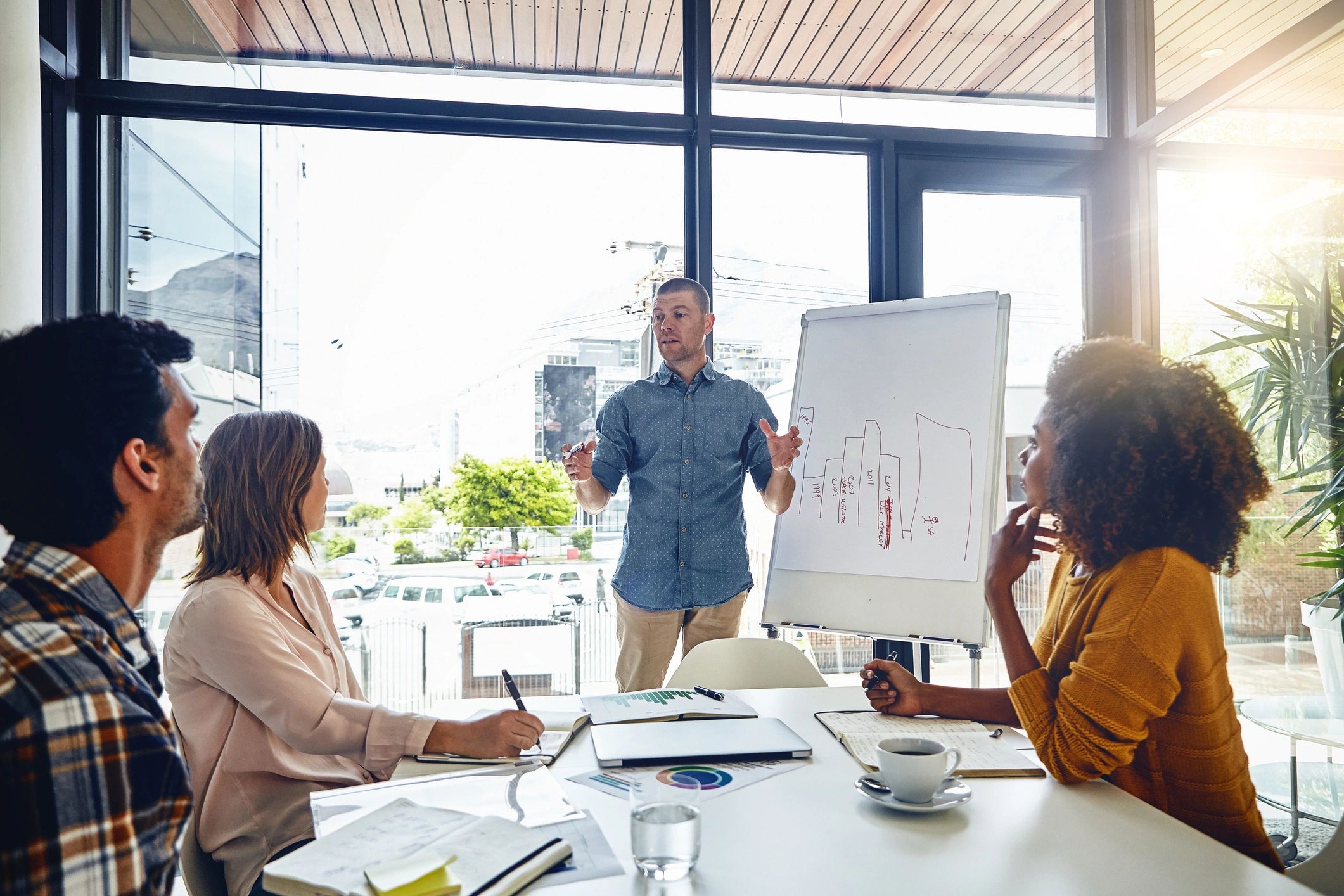 Consultant presenting in a boardroom meeting